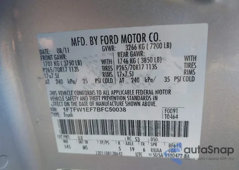 2011 Ford F-150 Xlt из США, поврежденный, VIN 1FTFW1EF7BFC50038